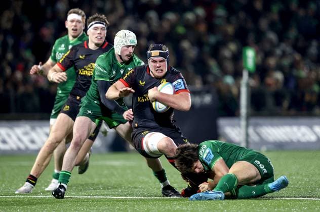 Bilder des Jahres 2024, Sport 12 Dezember Sport Themen der Woche KW52 Sport Bilder des Tages BKT United Rugby Championship, Dexcom Stadium, Galway 28 12 2024 Connacht vs Ulster Ulster™s James McNabney tackled by Mack Hansen of Connacht James McNabney tackled by Mack Hansen 28 12 2024  Copyright: x INPHO DanxSheridanx BI5I7597