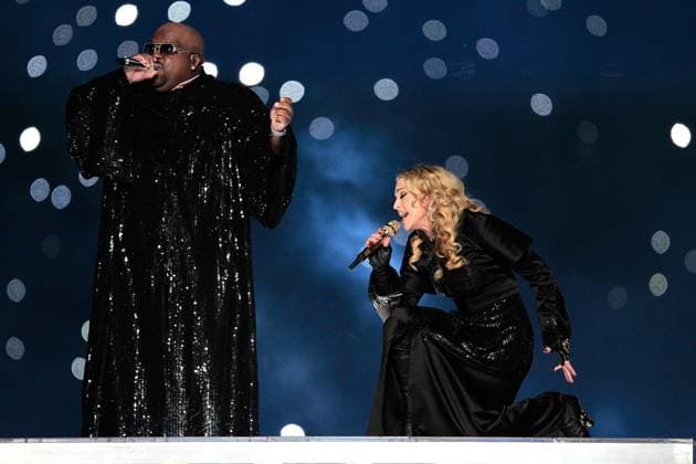 Super Bowl XLVI Madonna and Cee Lo Green perform during the halftime show of Superbowl XLVI on Sunday, February 5, 2012, at Lucas Oil Stadium in Indianapolis, Indiana. (Mark Cornelison Lexington Herald-Leader MCT) INDIANAPOLIS IN USA EDITORIAL USE ONLY Copyright: xx 1118000 MarkxCornelisonx krtphotoslive532773
