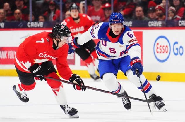 December 31, 2024, Ottawa, On, Canada: USA s Adam Kleber (6) and Canada s Sawyer Mynio (7) battle for the puck during first period IIHF World Junior Hockey Championship tournament action in Ottawa on Tuesday, Dec. 31, 2024. Canada News - December 31, 2024  - ZUMAc35_ 20241231_zaf_c35_004 Copyright: xSeanxKilpatrickx
