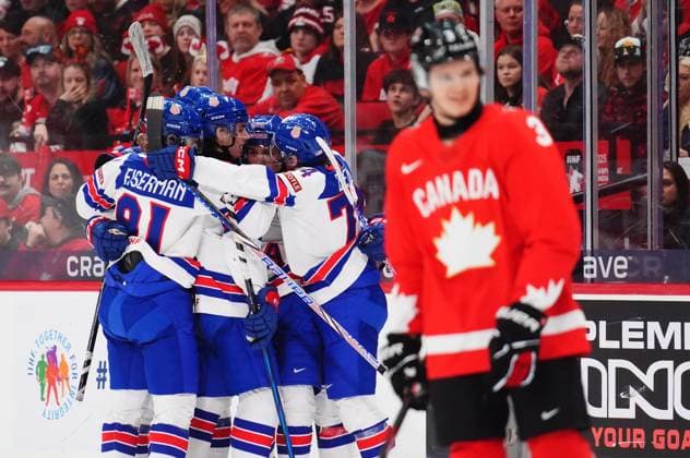 December 31, 2024, Ottawa, On, Canada: United States players celebrate Cole Hutson s (24) goal as Canada s Sam Dickinson (3) skates by during first period IIHF World Junior Hockey Championship tournament action in Ottawa on Tuesday, Dec. 31, 2024. Canada News - December 31, 2024  - ZUMAc35_ 20241231_zaf_c35_008 Copyright: xSeanxKilpatrickx