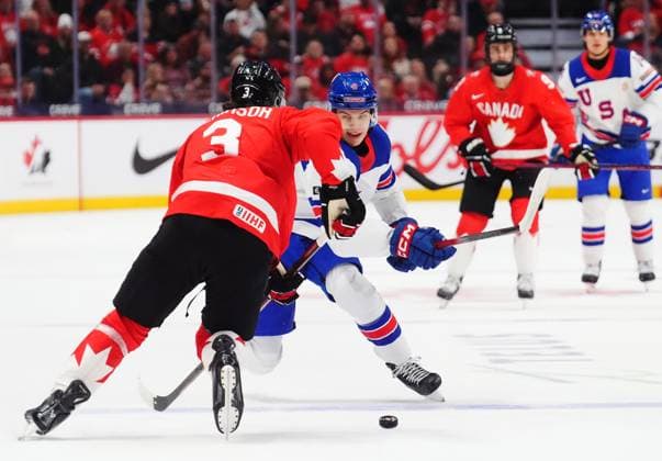 December 31, 2024, Ottawa, On, Canada: USA s Brandon Svoboda (8) tries to get past Canada s Sam Dickinson (3) during first period IIHF World Junior Hockey Championship tournament action in Ottawa on Tuesday, Dec. 31, 2024. Canada News - December 31, 2024  - ZUMAc35_ 20241231_zaf_c35_010 Copyright: xSeanxKilpatrickx