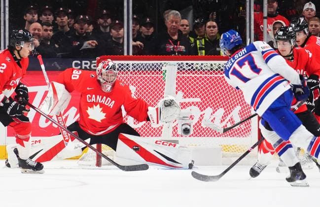 December 31, 2024, Ottawa, On, Canada: Canada goaltender Carter George (30) makes a save on USA s Danny Nelson (17) during second period IIHF World Junior Hockey Championship tournament action in Ottawa on Tuesday, Dec. 31, 2024. Canada News - December 31, 2024  - ZUMAc35_ 20241231_zaf_c35_023 Copyright: xSeanxKilpatrickx