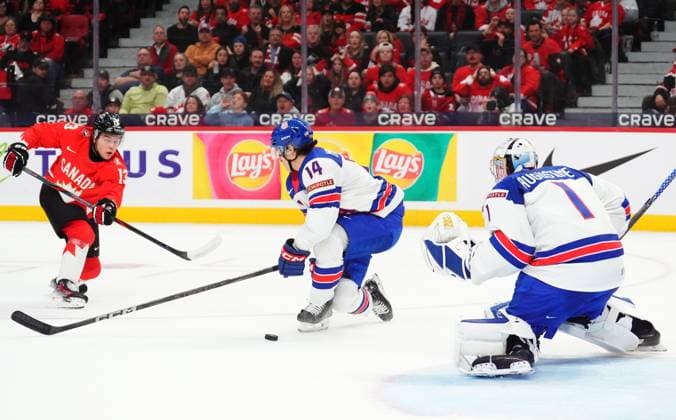 December 31, 2024, Ottawa, On, Canada: Canada s Luca Pinelli (13) shoots on USA goaltender Trey Augustine (1) as USA s Aram Minnetian (14) defends during second period IIHF World Junior Hockey Championship tournament action in Ottawa on Tuesday, Dec. 31, 2024. Canada News - December 31, 2024  - ZUMAc35_ 20241231_zaf_c35_024 Copyright: xSeanxKilpatrickx