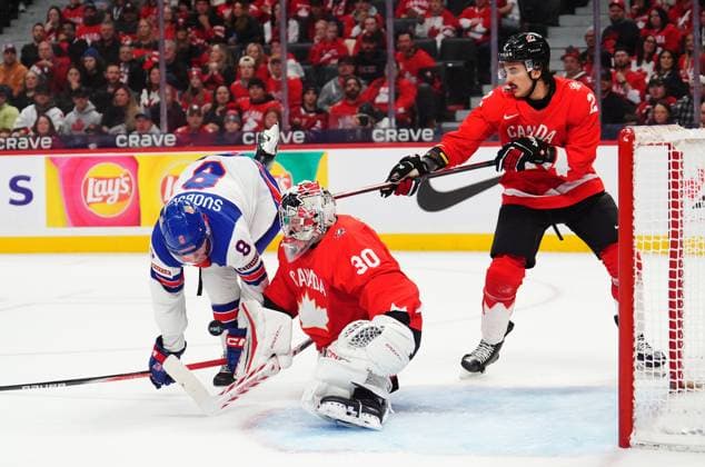 December 31, 2024, Ottawa, On, Canada: Canada goaltender Carter George (30) makes a save as USA s Brandon Svoboda (8) stumbles and Canada s Andrew Gibson (2) defends during first period IIHF World Junior Hockey Championship tournament action in Ottawa on Tuesday, Dec. 31, 2024. Canada News - December 31, 2024  - ZUMAc35_ 20241231_zaf_c35_028 Copyright: xSeanxKilpatrickx