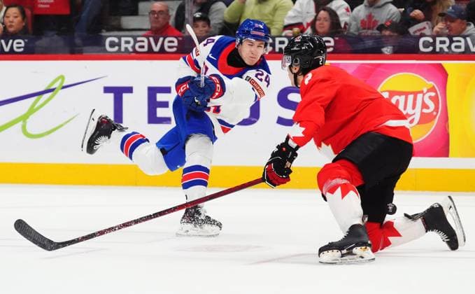 December 31, 2024, Ottawa, On, Canada: Canada s Andrew Gibson (2) blocks a shot from USA s Cole Hutson (24) during first period IIHF World Junior Hockey Championship tournament action in Ottawa on Tuesday, Dec. 31, 2024. Canada News - December 31, 2024  - ZUMAc35_ 20241231_zaf_c35_029 Copyright: xSeanxKilpatrickx