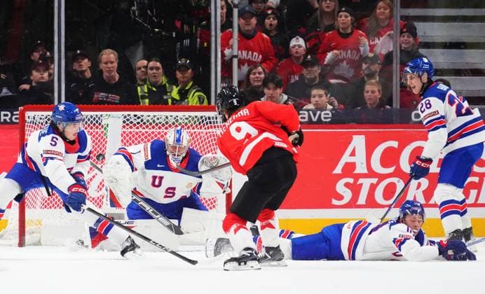 December 31, 2024, Ottawa, On, Canada: USA goaltender Trey Augustine (1) makes a save on Canada s Gavin McKenna (9) as USA s Drew Fortescue (5) defends during third period IIHF World Junior Hockey Championship tournament action in Ottawa on Tuesday, Dec. 31, 2024. Canada News - December 31, 2024  - ZUMAc35_ 20241231_zaf_c35_038 Copyright: xSeanxKilpatrickx