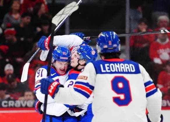 December 31, 2024, Ottawa, On, Canada: USA s Cole Eiserman (91) celebrates his goal against Canada with Zeev Buium (28) during third period IIHF World Junior Hockey Championship tournament action in Ottawa on Tuesday, Dec. 31, 2024. Canada News - December 31, 2024  - ZUMAc35_ 20241231_zaf_c35_042 Copyright: xSeanxKilpatrickx