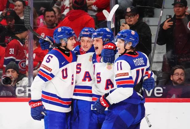 December 31, 2024, Ottawa, On, Canada: USA s Ryan Leonard (second right) celebrates his empty net goal against Canada with Drew Fortescue (5), Carey Terrance (10) and Oliver Moore (11) during third period IIHF World Junior Hockey Championship tournament action in Ottawa on Tuesday, Dec. 31, 2024. Canada News - December 31, 2024  - ZUMAc35_ 20241231_zaf_c35_046 Copyright: xSeanxKilpatrickx