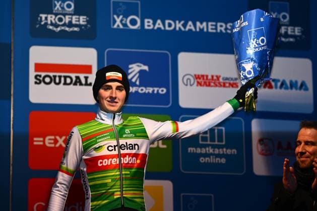 X2O Badkamers Trofee cyclocross - 2025 BAAL, BELGIUM - JANUARY 01 : Verstrynge Emiel (BEL) of Crelan - Corendon on the podium during the the 5th leg of the X2O Badkamers Trofee cyclocross series 2024-2025 in Baal, Belgium, 01 01 2025 Baal Belgium  Copyright: xGvgx