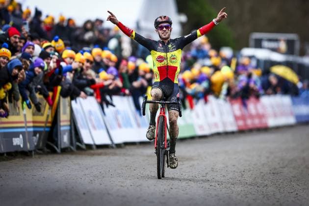 Belgian Eli Iserbyt celebrates as he crosses the finish line to win the men s elite race of the GP Sven Nys cyclocross cycling event on Wednesday 01 January 2025 in Baal, stage 5 8 in the X2O Badkamers Trofee Veldrijden competition. DAVIDxPINTENS  x109479185x