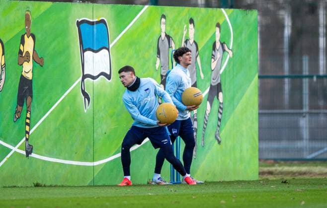 Soccer, Men, Season 2024 25, 2 Bundesliga, Hertha BSC, Training, f l Linus Gechter Hertha BSC , Fabian Reese Hertha BSC , 02 01 2025, Copyright: xSebastianxRäppold MatthiasxKochx