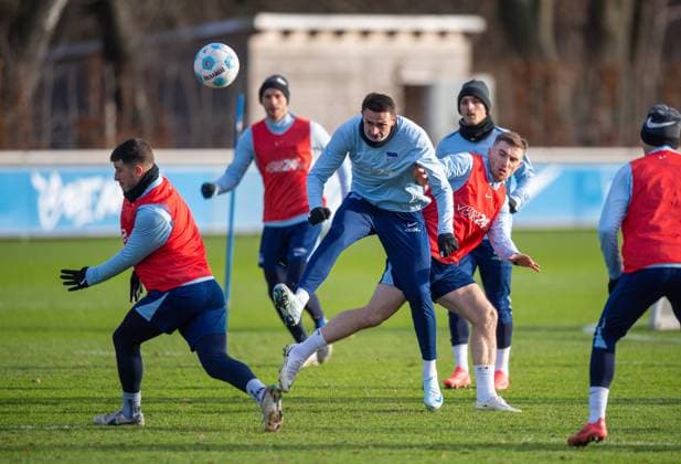 Football, Men, Season 2024 25, 2 Bundesliga, Hertha BSC, Training, v l Diego Demme Hertha BSC , Smail Prevljak Hertha BSC , Jonjoe Kenny Hertha BSC , 02 01 2025, Copyright: xSebastianxRäppold MatthiasxKochx