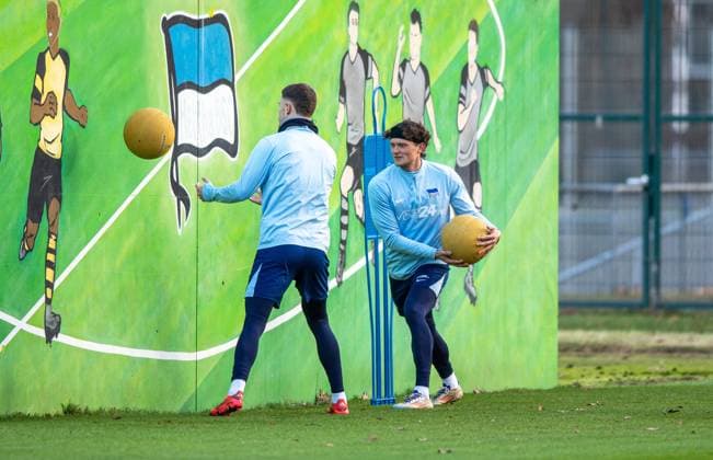 Soccer, Men, Season 2024 25, 2 Bundesliga, Hertha BSC, Training, f l Linus Gechter Hertha BSC , Fabian Reese Hertha BSC , 02 01 2025, Copyright: xSebastianxRäppold MatthiasxKochx