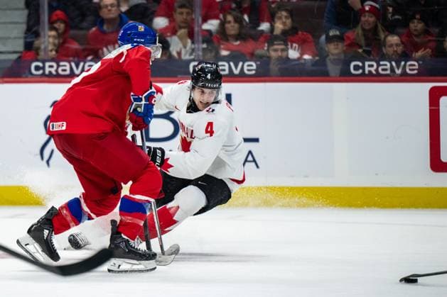 250103 Caden Price of Canada during the 2025 IIHF World Junior Championship quarterfinal game between Czech Republic and Canada on January 3, 2025 in Ottawa Photo Mathias Bergeld BILDBYRAN kod MB MB1042 ishockey ice hockey jvm junior vm u20 2025 iihf world junior championship world juniors kvartfinal quarterfinal quarterfinals czech republic canada kanada 8 bbeng  Copyright: MATHIASxBERGELD BB250103MB005