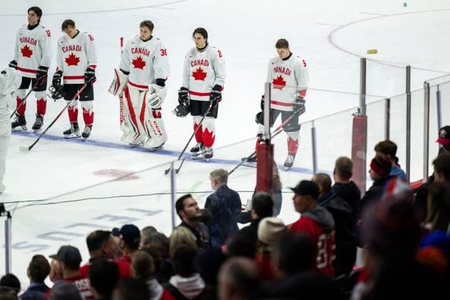 250103 Jett Luchanko, Bradly Nadeau, goaltender Carter George and Oliver Bonk of Canada look dejected after the 2025 IIHF World Junior Championship quarterfinal game between Czech Republic and Canada on January 3, 2025 in Ottawa Photo Mathias Bergeld BILDBYRAN kod MB MB1042 ishockey ice hockey jvm junior vm u20 2025 iihf world junior championship world juniors kvartfinal quarterfinal quarterfinals czech republic canada kanada 8 bbeng depp  Copyright: MATHIASxBERGELD BB250103MB024