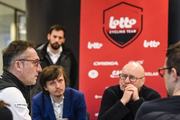 Lotto Dstny CEO Stephane Heulot speaks with the press at the Lotto Cycling Team media day, in Temse, Friday 03 January 2025.  x109553748x