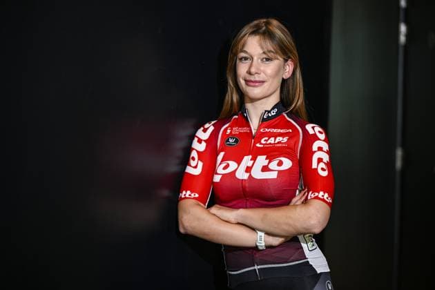 Belgian Mieke Docx of Lotto Dstny Ladies poses for the photographer during the Lotto Cycling Team media day, in Temse, Friday 03 January 2025.  x109557863x