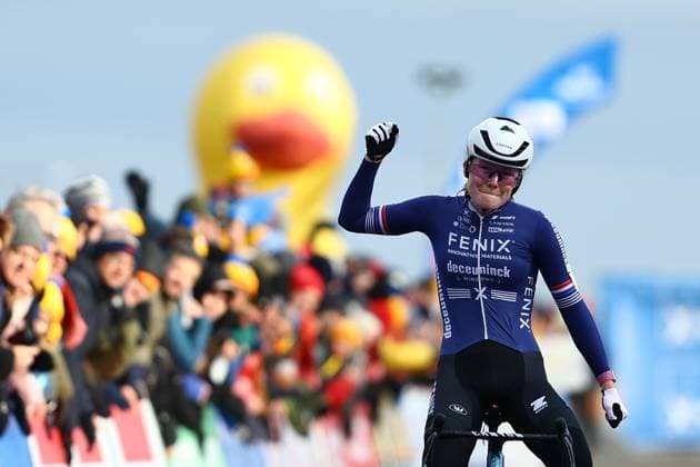 Dutch Puck Pieterse celebrates as he crosses the finish line to win the women s elite race at the World Cup cyclocross cycling event in Dendermonde, Belgium, stage 9 (out of 12) of the UCI World Cup cyclocross competition, Friday 03 January 2025. DAVIDxPINTENS  x109565385x