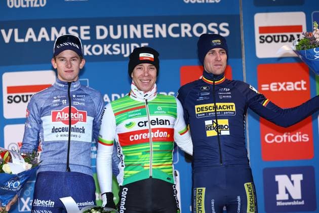 Dutch Tibor Del Grosso, Belgian Laurens Sweeck and Belgian Toon Aerts pictured on the podium after the men s elite race at the Vlaamse Duinencross cycling event in Koksijde, Belgium, stage 6 (out of 8) of the X2O Trofee cyclocross competition, . DAVIDxPINTENS  x109572574x