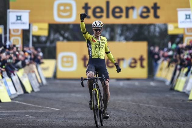 Belgian Wout van Aert celebrates as he crosses the finish line to win the men elite race at the cyclocross cycling event in Gullegem on Saturday 04 January 2025, stage 7 8 in the Superprestige cyclocross cycling competition DAVIDxPINTENS  x109630005x