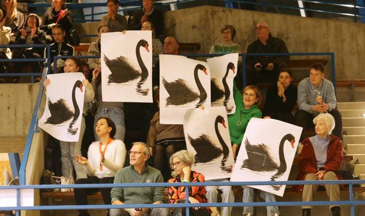 Ludwigsburg , Dancing Bundesliga Standard Formations, spectators with posters The Black Swan , matching the music of the Ludwigsburg formation