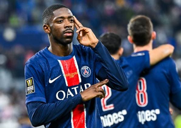 French Super Cup (Trophee des Champions) - Paris Saint-Germain vs AS Monaco Ousmane Dembele of Paris Saint-Germain celebrating after scoring a goal during the French Super Cup (Trophee des Champions) football final match between Paris Saint-Germain (PSG) and AS Monaco at the 974 stadium in Doha, Qatar on January 5, 2025. Copyright: xNOUSHADx