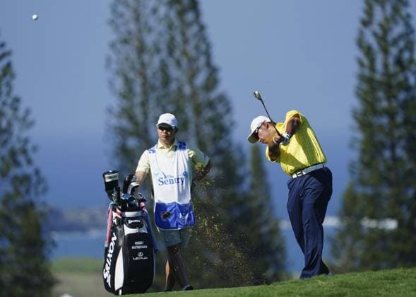 Golf: The Sentry Japan s Hideki Matsuyama hits his second shot, which he holed for an eagle, on the third hole during the final round of The Sentry golf tournament at the Plantation Course in Kapalua on the Hawaiian island of Maui on Jan. 5, 2025.  A14AA0003943081P