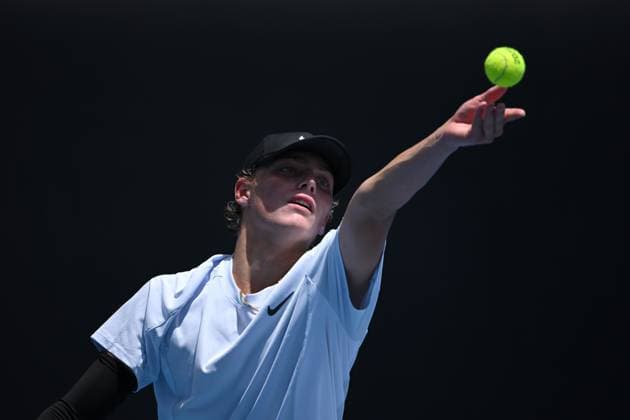 TENNIS AUSTRALIAN OPEN QUALIFYING, Cruz Hewitt of Australia serves during their mens qualifying singles match between Cruz Hewitt of Australia and Nikoloz Basilashvili of Georgia for the Australian Open tennis tournament at Melbourne Park in Melbourne, Tuesday, January 7, 2025. ( NO ARCHIVING, EDITORIAL USE ONLY, NO USE IN BOOKS WITHOUT CONSENT MELBOURNE VICTORIA AUSTRALIA  Copyright: xJAMESxROSSx 20250107144251772989