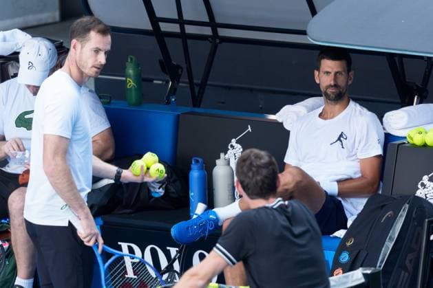 January 7, 2024: NOVAK DJOKOVIC of Serbia and his new coach ANDY MURRAY at a practise session prior to the start of the 2025 Australian Open in Melbourne, Australia. Cal Media Melbourne Australia - ZUMAc04_ 20250107_faf_c04_001 Copyright: xSydneyxLowx