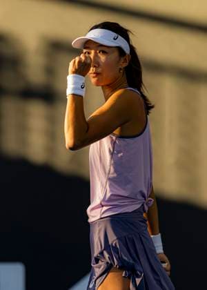 (250107) -- MELBOURNE, Jan. 7, 2025 -- Gao Xinyu celebrates scoring during the women s singles qualifying round 1 match between Gao Xinyu of China and Anouk Koevermans of the Netherlands at Australian Open tennis tournament in Melbourne, Australia, Jan. 7, 2025. (Photo by Xinhua) (SP)AUSTRALIA-MELBOURNE-TENNIS-AUSTRALIAN OPEN-QUALIFYING ChuxChen 
