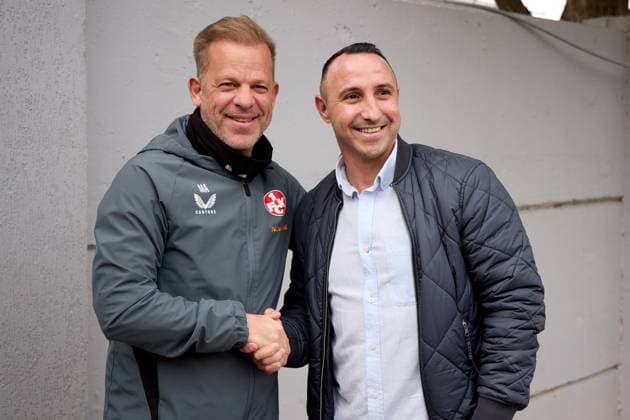 TRAINING GROUNDS, TA™ QALI, MALTA: JANUARY 7, 2025 Markus Anfang (left), head coach of 1. FC Kaiserslautern shakes hands with former club soccer player, Michael Mifsud from Malta at the Training Grounds, Ta™ Qali, Malta on January 7, 2025 prior to the team™s training event. The 2. Bundesliga German team is undergoing a week winter training camp in Malta as from January 3, 2025. 1. FC Kaiserslautern winter training camp in Malta 2025. MLT_FCK_2025