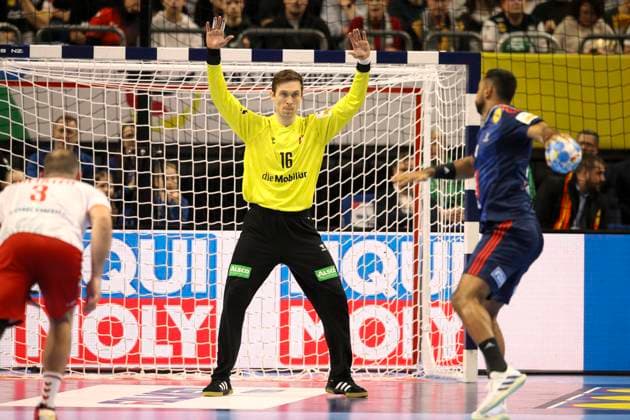 Photo Goalkeeper Nikola Portner Switzerland , Suisse saves Melvyn Richardsons seven-meter penalty France European Handball Championship, preliminary round in Berlin , on Sun 14 01 2024 Switzerland France 26 26