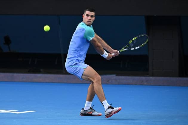 TENNIS AO CHARITY ALCARAZ MINAUR, Carlos Alcaraz of Spain in action during their charity match between Carlos Alcaraz of Spain and Alex de Minaur of Australia at Rod Laver Arena in Melbourne, Wednesday, January 8, 2025. ( NO ARCHIVING, EDITORIAL USE ONLY, NO USE IN BOOKS WITHOUT CONSENT MELBOURNE VICTORIA AUSTRALIA  Copyright: xJAMESxROSSx 20250108126684475842