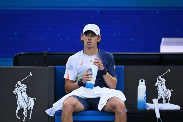 TENNIS AO CHARITY ALCARAZ MINAUR, Alex de Minaur of Australia looks on during their charity match between Carlos Alcaraz of Spain and Alex de Minaur of Australia at Rod Laver Arena in Melbourne, Wednesday, January 8, 2025. ( NO ARCHIVING, EDITORIAL USE ONLY, NO USE IN BOOKS WITHOUT CONSENT MELBOURNE VICTORIA AUSTRALIA  Copyright: xJAMESxROSSx 20250108142340214333