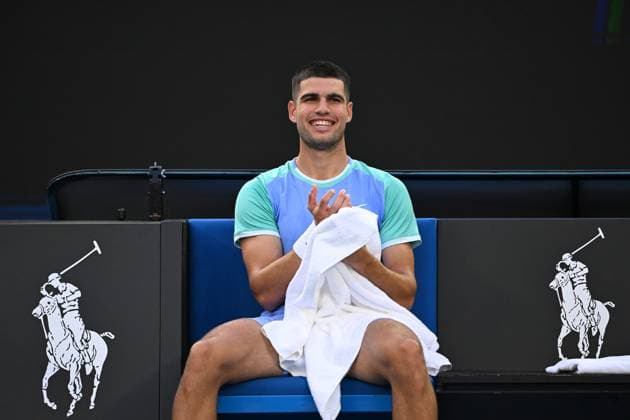 TENNIS AO CHARITY ALCARAZ MINAUR, Carlos Alcaraz of Spain reacts during their charity match between Carlos Alcaraz of Spain and Alex de Minaur of Australia at Rod Laver Arena in Melbourne, Wednesday, January 8, 2025. ( NO ARCHIVING, EDITORIAL USE ONLY, NO USE IN BOOKS WITHOUT CONSENT MELBOURNE VICTORIA AUSTRALIA  Copyright: xJAMESxROSSx 20250108192725674460