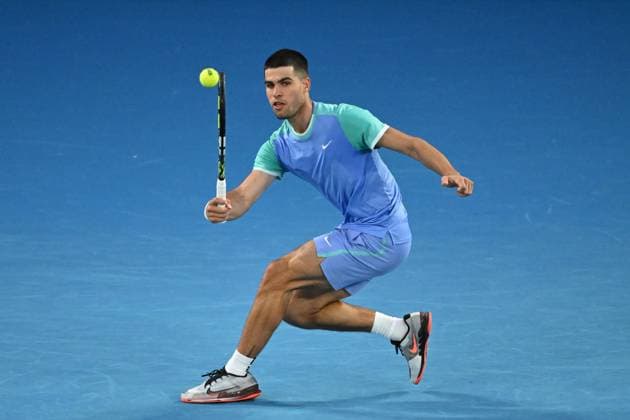 TENNIS AO CHARITY ALCARAZ MINAUR, Carlos Alcaraz of Spain in action during their charity match between Carlos Alcaraz of Spain and Alex de Minaur of Australia at Rod Laver Arena in Melbourne, Wednesday, January 8, 2025. ( NO ARCHIVING, EDITORIAL USE ONLY, NO USE IN BOOKS WITHOUT CONSENT MELBOURNE VICTORIA AUSTRALIA  Copyright: xJAMESxROSSx 20250108182249254339