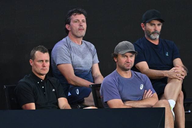 TENNIS AO CHARITY ALCARAZ MINAUR, Lleyton Hewitt (left), coach of Alex de Minaur of Australia looks on during the charity match between Carlos Alcaraz of Spain and Alex de Minaur of Australia at Rod Laver Arena in Melbourne, Wednesday, January 8, 2025. ( NO ARCHIVING, EDITORIAL USE ONLY, NO USE IN BOOKS WITHOUT CONSENT MELBOURNE VICTORIA AUSTRALIA  Copyright: xJAMESxROSSx 20250108128913848729