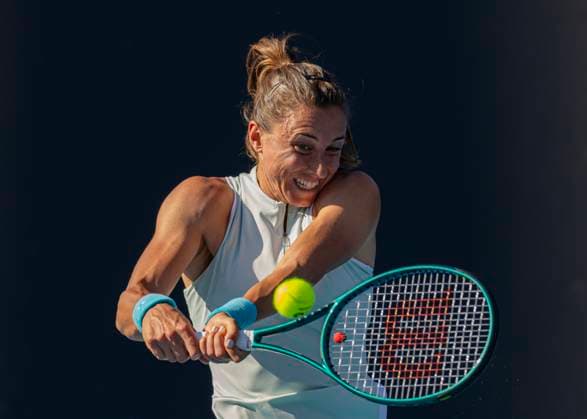(250108) -- MELBOURNE, Jan. 8, 2025 -- Petra Martic hits a return during the women s singles qualifying 2nd round match between Gao Xinyu of China and Petra Martic of Croatia at Australian Open tennis tournament in Melbourne, Australia, Jan. 8, 2025. (Photo by Xinhua) (SP)AUSTRALIA-MELBOURNE-TENNIS-AUSTRALIAN OPEN-QUALIFYING ChuxChen 