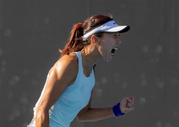 (250108) -- MELBOURNE, Jan. 8, 2025 -- Gao Xinyu celebrates scoring during the women s singles qualifying 2nd round match between Gao Xinyu of China and Petra Martic of Croatia at Australian Open tennis tournament in Melbourne, Australia, Jan. 8, 2025. (Photo by Xinhua) (SP)AUSTRALIA-MELBOURNE-TENNIS-AUSTRALIAN OPEN-QUALIFYING ChuxChen 