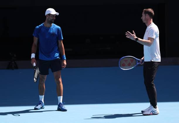 Andy Murray and Novak Djokovic during a coaching session Australian Open, Thursday Previews, Tennis, Melbourne Park, Melbourne, Australia - 09 Jan 2025  Copyright: xEllaxLing Shutterstockx 15085483n