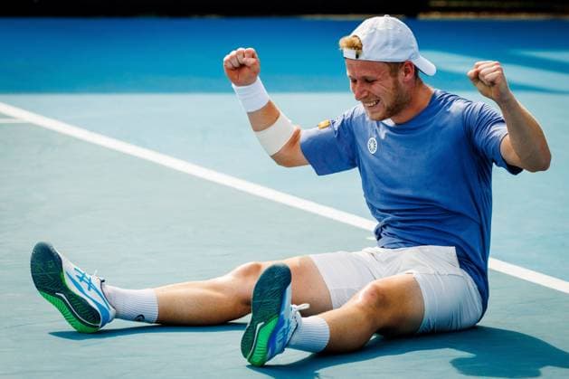 Belgian Gauthier Onclin celebrates during a tennis match against American McDonald, in the third round of the qualifiers for the men s singles tournament, at the Australian Open Grand Slam tennis tournament, Thursday 09 January 2025 in Melbourne Park, Melbourne, Australia. The 2024 edition of the Australian Grand Slam takes place from January 14th to January 28th. PATRICKxHAMILTON  x109991866x
