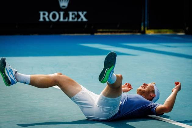 Belgian Gauthier Onclin celebrates during a tennis match against American McDonald, in the third round of the qualifiers for the men s singles tournament, at the Australian Open Grand Slam tennis tournament, Thursday 09 January 2025 in Melbourne Park, Melbourne, Australia. The 2024 edition of the Australian Grand Slam takes place from January 14th to January 28th. PATRICKxHAMILTON  x109991940x
