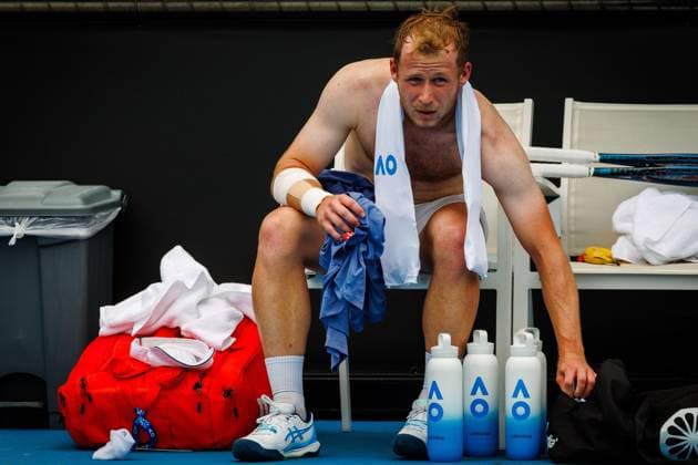 Belgian Gauthier Onclin reacts during a tennis match against American McDonald, in the third round of the qualifiers for the men s singles tournament, at the Australian Open Grand Slam tennis tournament, Thursday 09 January 2025 in Melbourne Park, Melbourne, Australia. The 2024 edition of the Australian Grand Slam takes place from January 14th to January 28th. PATRICKxHAMILTON  x109992843x