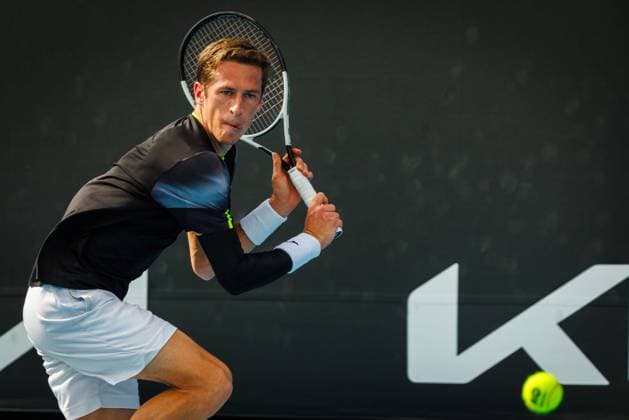 Belgian Kimmer Coppejans pictured in action during a tennis match against Monegasque Vacherot, in the third round of the qualifiers for the men s singles tournament, at the Australian Open Grand Slam tennis tournament, Thursday 09 January 2025 in Melbourne Park, Melbourne, Australia. The 2024 edition of the Australian Grand Slam takes place from January 14th to January 28th. PATRICKxHAMILTON  x109995076x