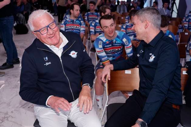 2025 Soudal Quick-Step Team Presentation CALP, SPAIN - JANUARY 09 : Fore Jurgen with Lefevere Patrick (BEL) General manager of Soudal - Quick Step is being honored for is career pictured during the 2025 team presentation of the Soudal Quick-Step pro cycling team on January 9, 2025 in Calp, SPAIN, 09 01 2025 Calp SPAIN  Copyright: xJanxDexMeuleneirx