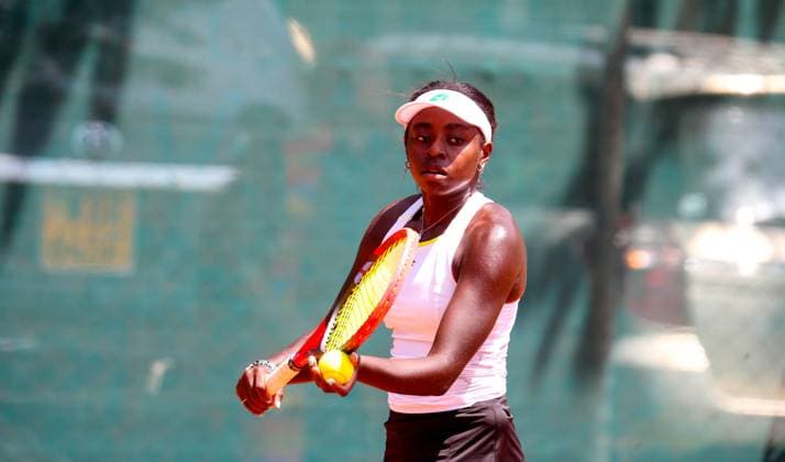 RECORD DATE NOT STATED NAIROBI, KENYA - JANUARY 8: Kenya, Angella Okutoyi serve to her opponent Katerina Tsygourova of switzerland during W35 International Tennis Federation (ITF) World Tennis tour championship on January 8th 2025 played at Nairobi Club, Okutoyi won 7-6,6-3.Photo CHRIS OMOLLO Copyright: xx