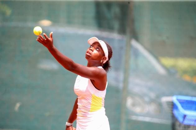 RECORD DATE NOT STATED NAIROBI, KENYA - JANUARY 9: Kenya, Angella Okutoyi serve to Yufei Ren of China during W35 International Tennis Federation (ITF) World Tennis tour championship on January 9th 2025 played at Nairobi Club, Okutoyi won 6-2, Yufei Retired 4-4.Photo CHRIS OMOLLO Copyright: xx