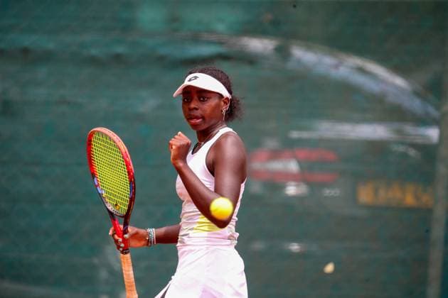 RECORD DATE NOT STATED NAIROBI, KENYA - JANUARY 9: Kenya, Angella Okutoyi celebrates picking a point against China˜s Yufei Ren during W35 International Tennis Federation (ITF) World Tennis tour championship on January 9th 2025 played at Nairobi Club, Okutoyi won 6-2, Yufei Retired 4-4.Photo CHRIS OMOLLO Copyright: xx