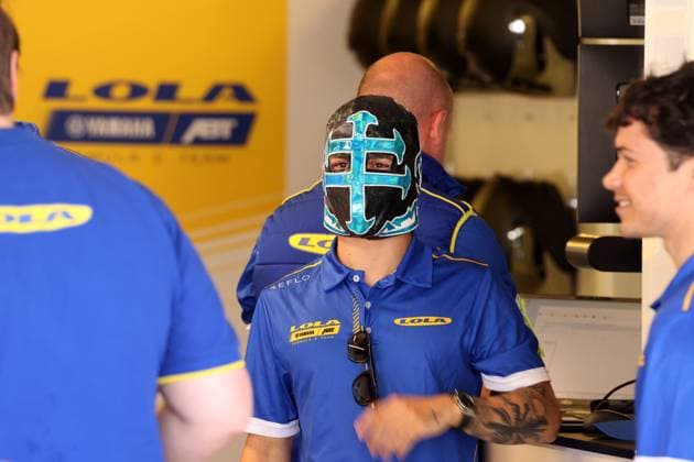 Zane Maloney BER Lola Yamaha with a typical mask over his head, pit, FIA Formula E World Championship Season 11, Mexico City E Prix, 10 01 2025, Mexico