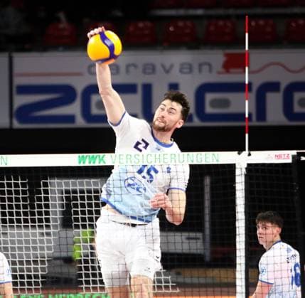 George YOUNG Friedrichshafen , He Volleyballl, Bundesliga 2024 25 WWK Volleys Herrsching vs VfB Friedrichshafen, 10 01 25, BMW Park Copyright: WolfgangxFehrmann